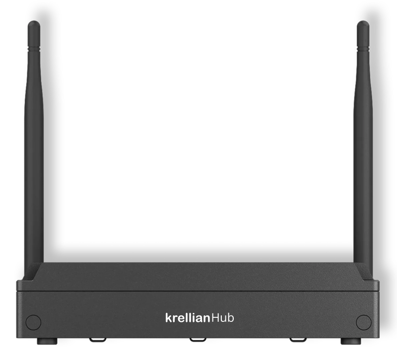 A photo of a black metal hub with external antennas